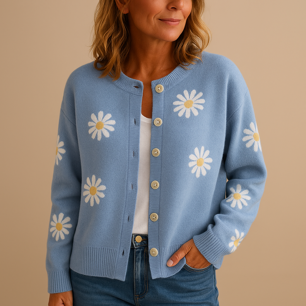 Clementine floral knit cardigan in blue, close-up front view