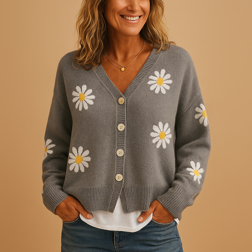 Clementine floral knit cardigan in blue, close-up front view