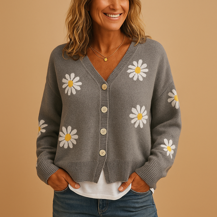 Clementine floral knit cardigan in blue, close-up front view