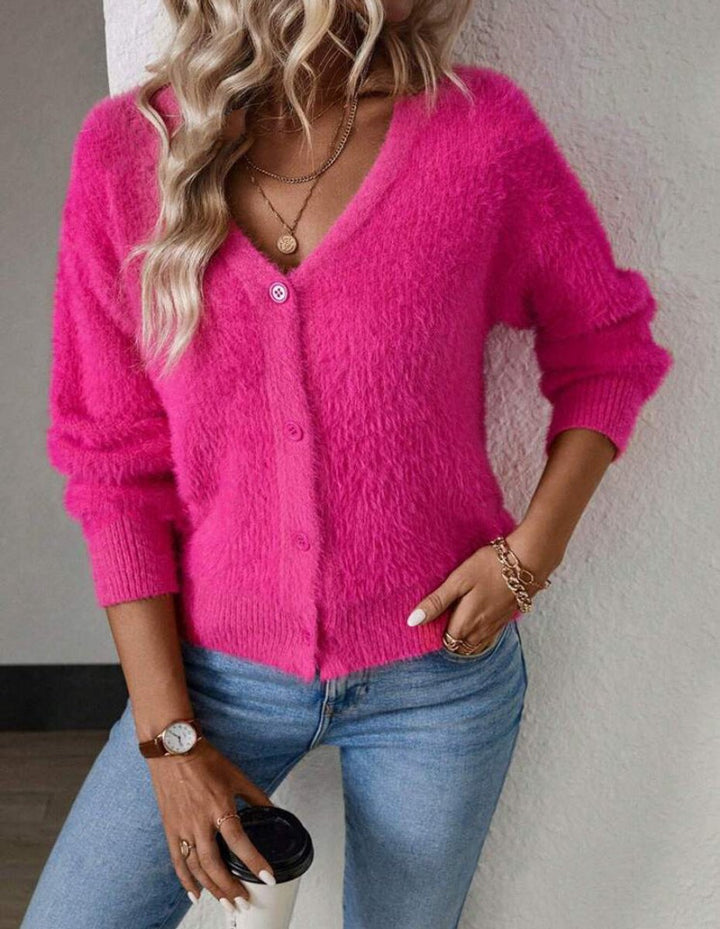 Coraline fuzzy V-neck cardigan, styled with jeans