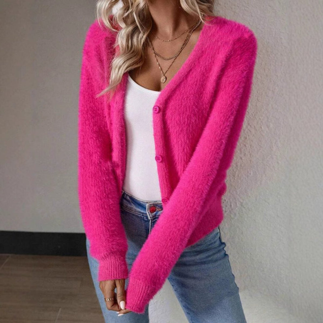 Coraline fuzzy V-neck cardigan, holding coffee cup