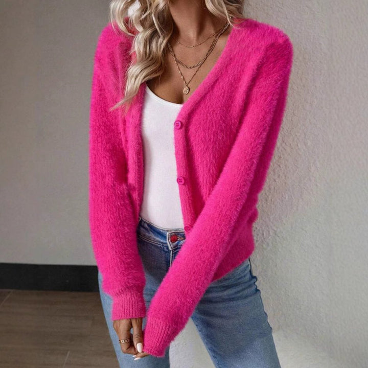 Coraline fuzzy V-neck cardigan, holding coffee cup