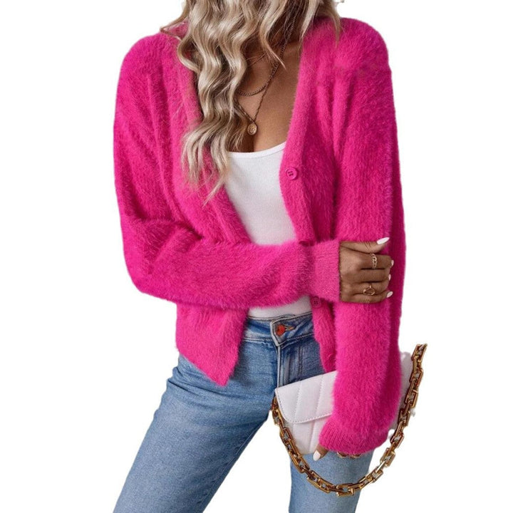 Coraline fuzzy V-neck cardigan, holding coffee cup