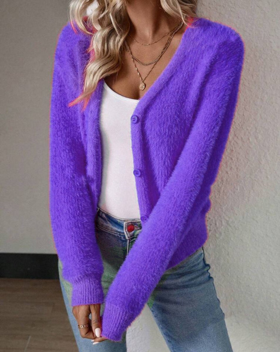 Coraline fuzzy V-neck cardigan, holding coffee cup