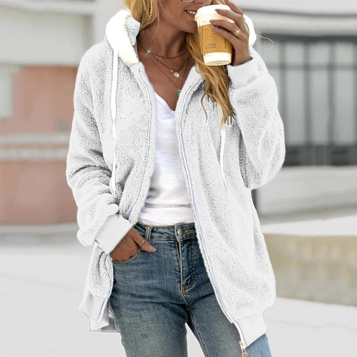 Cordelia hooded zip-up teddy coat in white, front view