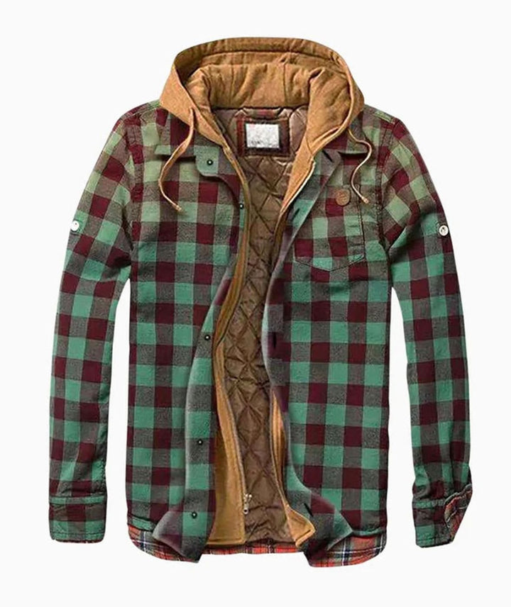 Dashiell patchwork hooded flannel jacket in green plaid, open front view
