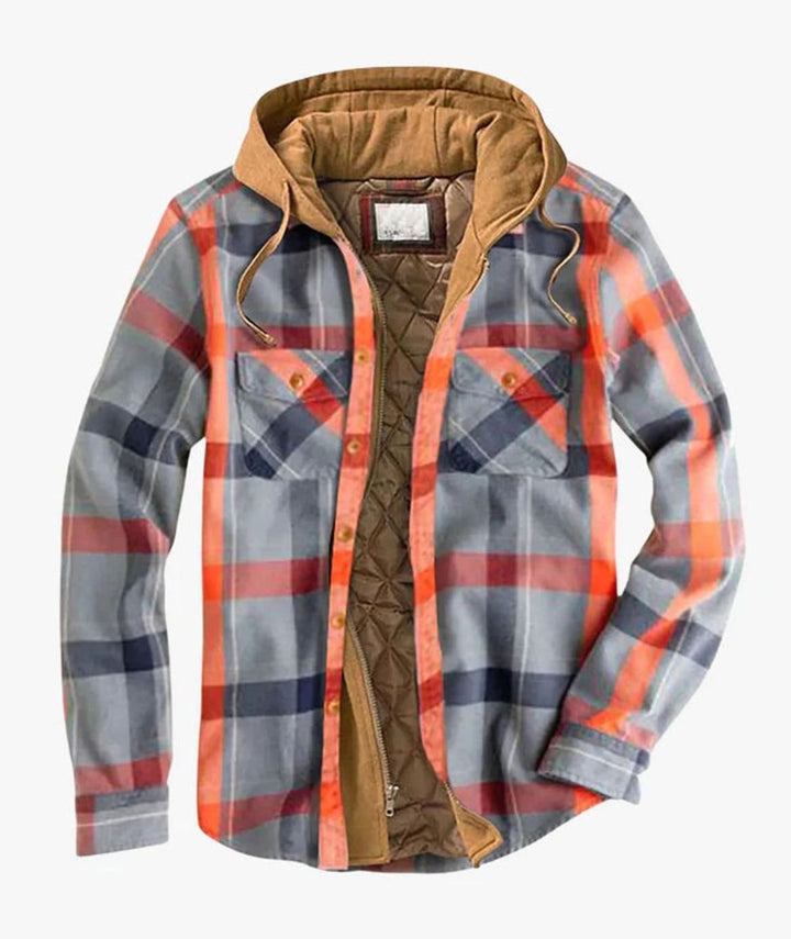 Dashiell patchwork hooded flannel jacket in gray orange plaid, open front view
