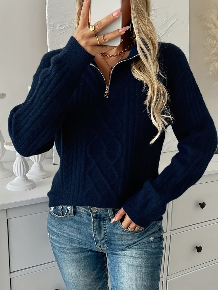 Delphine oversized cable knit half-zip sweater, front view with collar detail