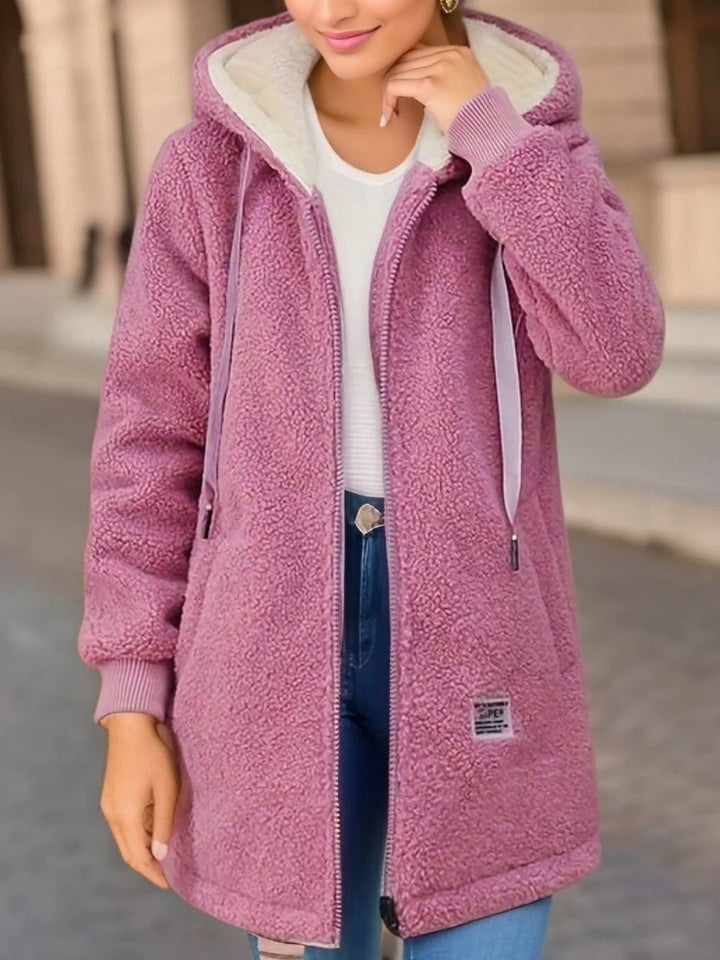 Delphine hooded teddy coat in pink, front view with hood down