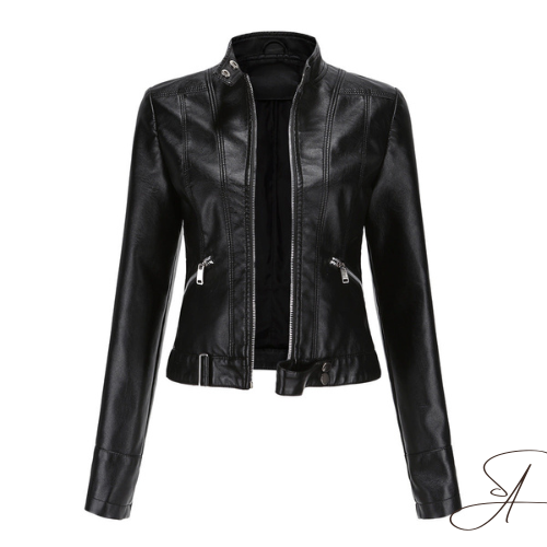 Delphine black faux leather moto jacket, front view unzipped