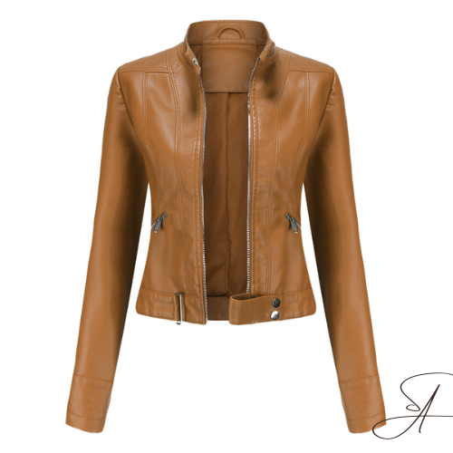 Delphine tan faux leather moto jacket, front view unzipped
