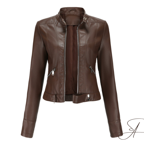 Delphine brown faux leather moto jacket, front view unzipped