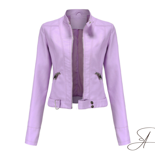 Delphine lavender faux leather moto jacket, front view unzipped