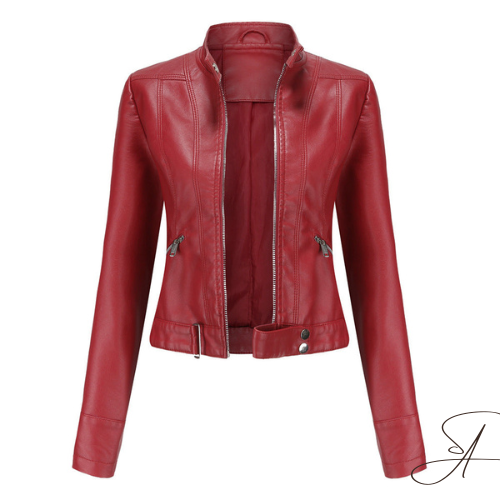 Delphine lavender faux leather moto jacket, front view unzipped