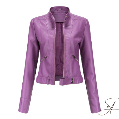 Delphine lavender faux leather moto jacket, front view unzipped