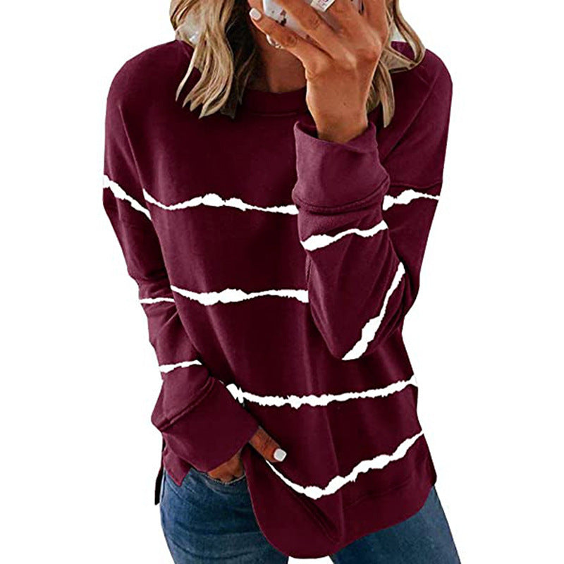 Delphine striped sweater in burgundy, front view
