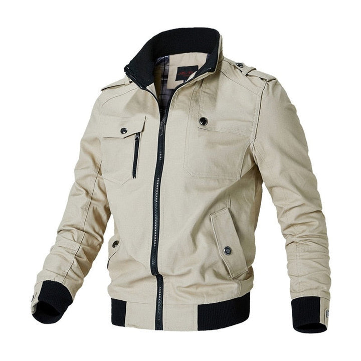 Dominic military bomber jacket in khaki with black trim, front view