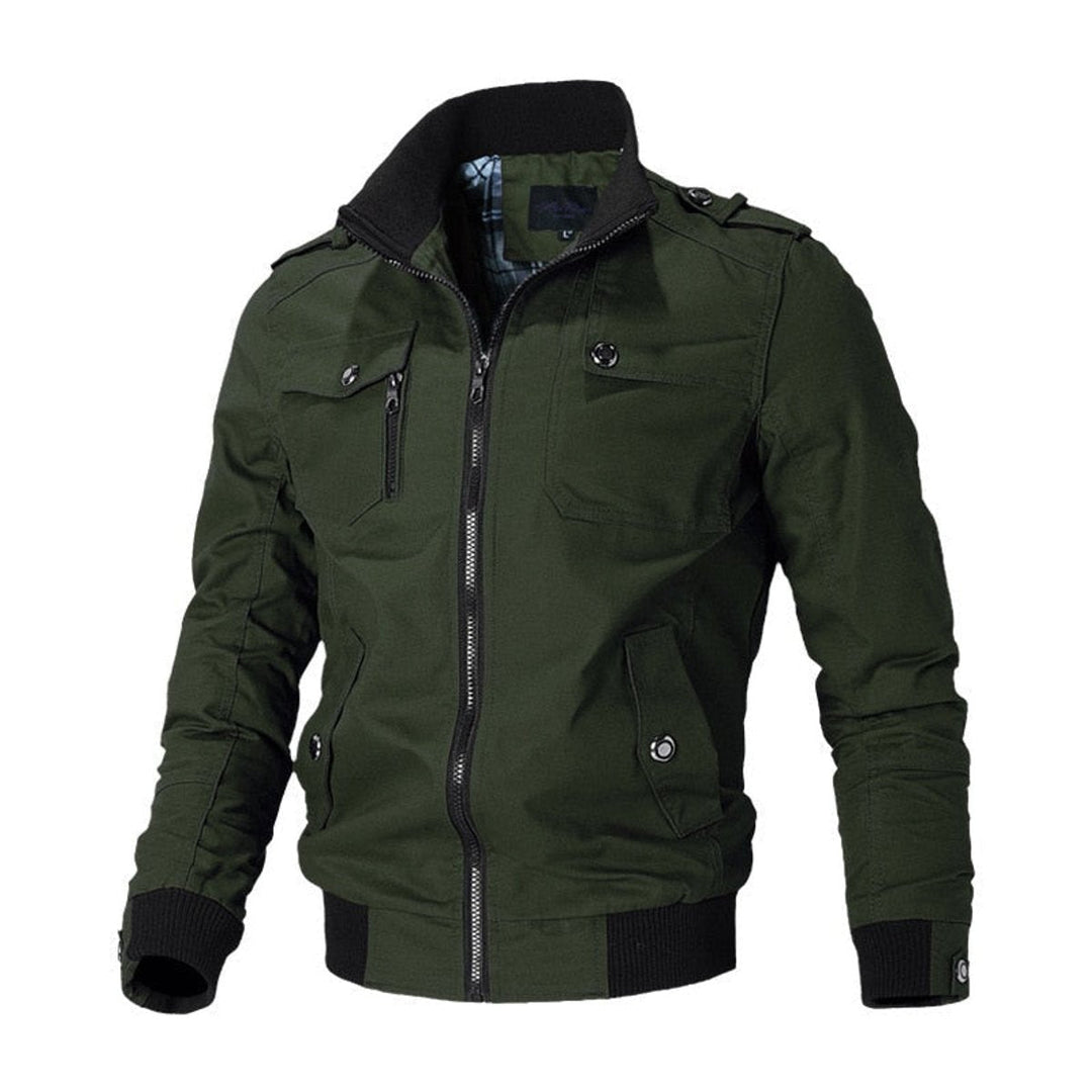 Dominic military bomber jacket in olive green, front view