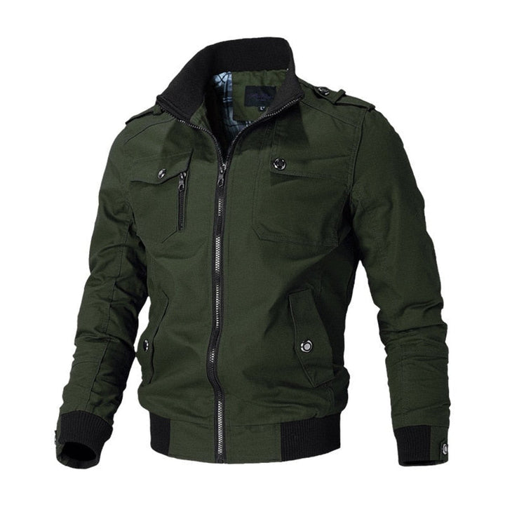 Dominic military bomber jacket in olive green, front view