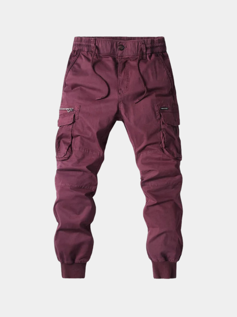 Dorian utility cargo jogger pants in burgundy, front view