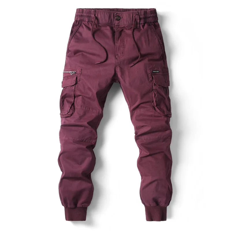 Dorian utility cargo jogger pants in burgundy, front view close up