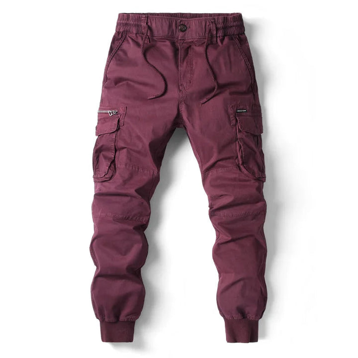 Dorian utility cargo jogger pants in burgundy, front view close up
