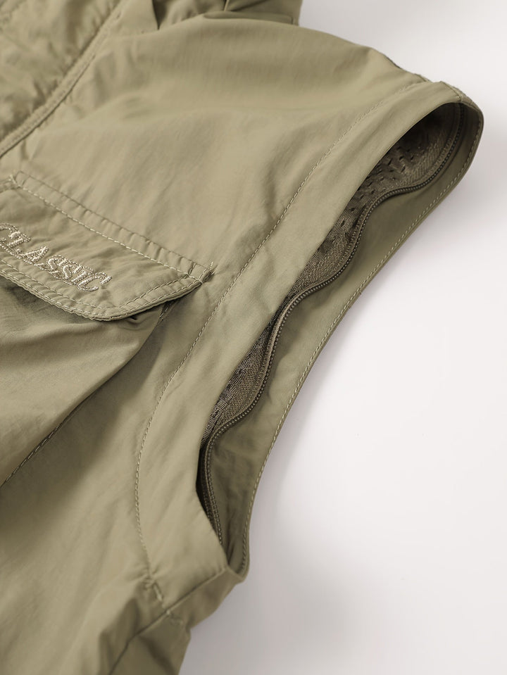 Close-up of Emerson cargo jacket zip-off sleeve seam with mesh lining