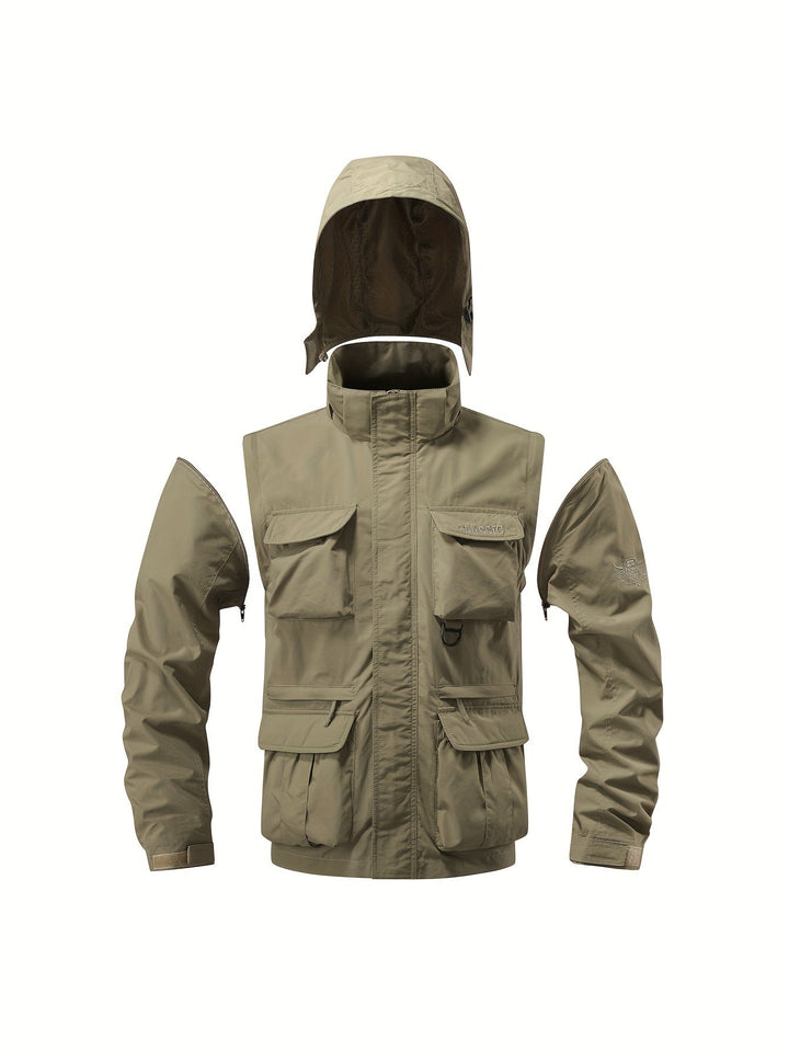 Emerson cargo jacket disassembled showing detachable hood and removable sleeves