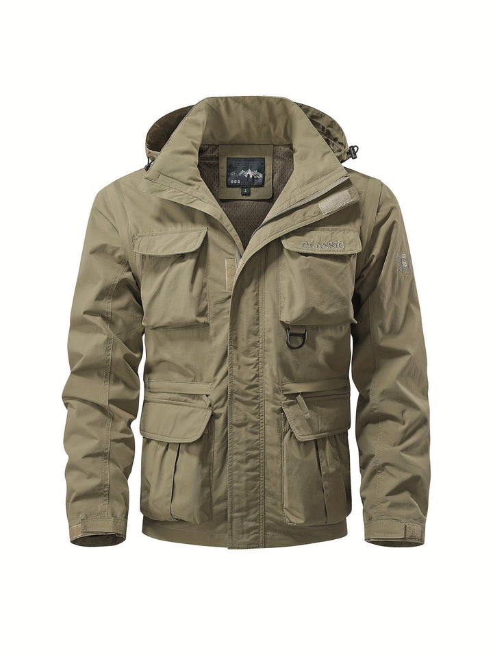 Emerson cargo jacket front view with hood down, all pockets visible