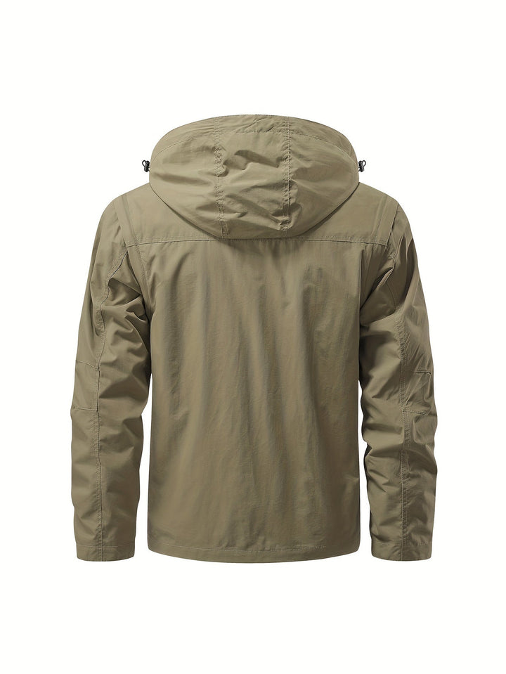 Emerson cargo jacket back view showing hood and relaxed fit