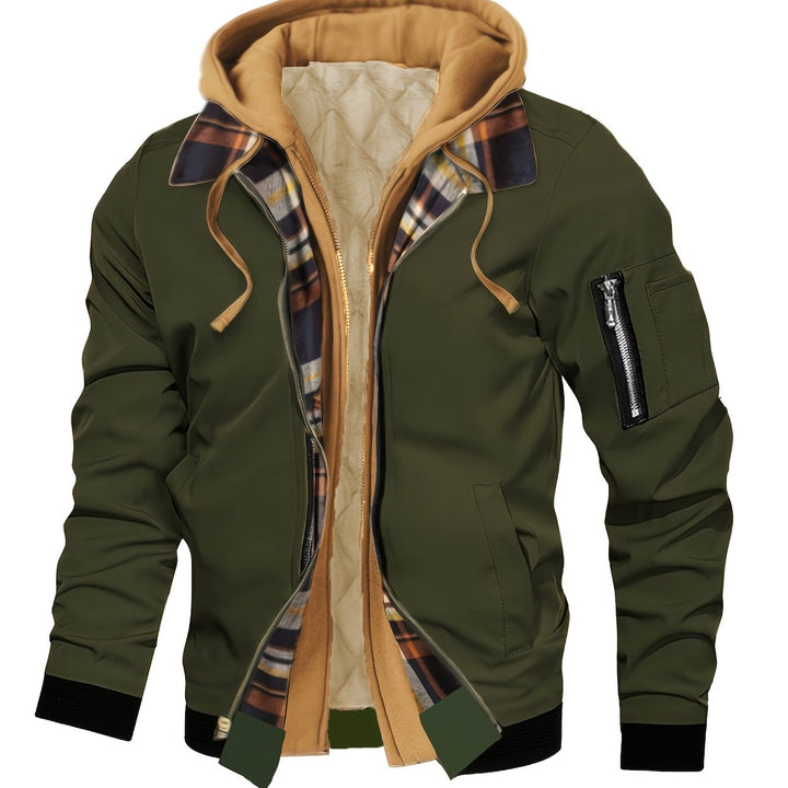 Emerson hooded bomber jacket in military green, front view with hood down and zipper open