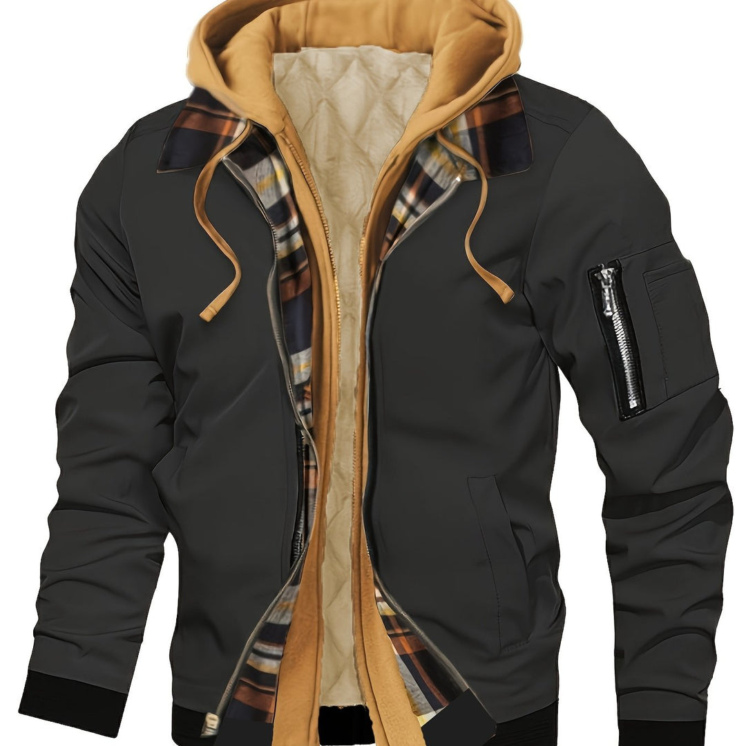 Emerson hooded bomber jacket in black, back view