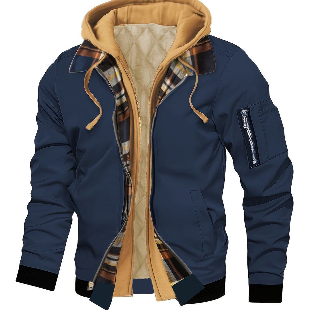 Emerson bomber jacket hood and collar close-up in navy