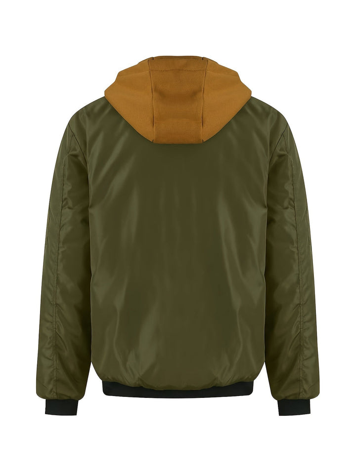 Emerson hooded bomber jacket in military green, back view
