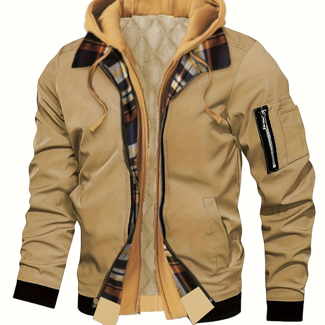 Emerson bomber jacket hood and collar close-up in khaki
