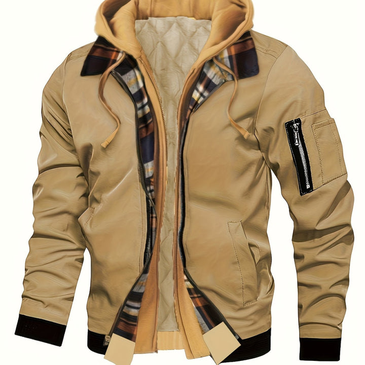Emerson bomber jacket hood and collar close-up in khaki