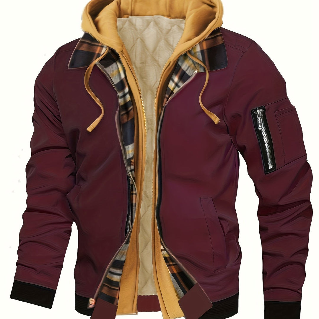 Emerson hooded bomber jacket in burgundy, front view with zipper open