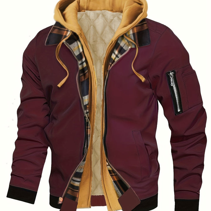 Emerson hooded bomber jacket in burgundy, front view with zipper open