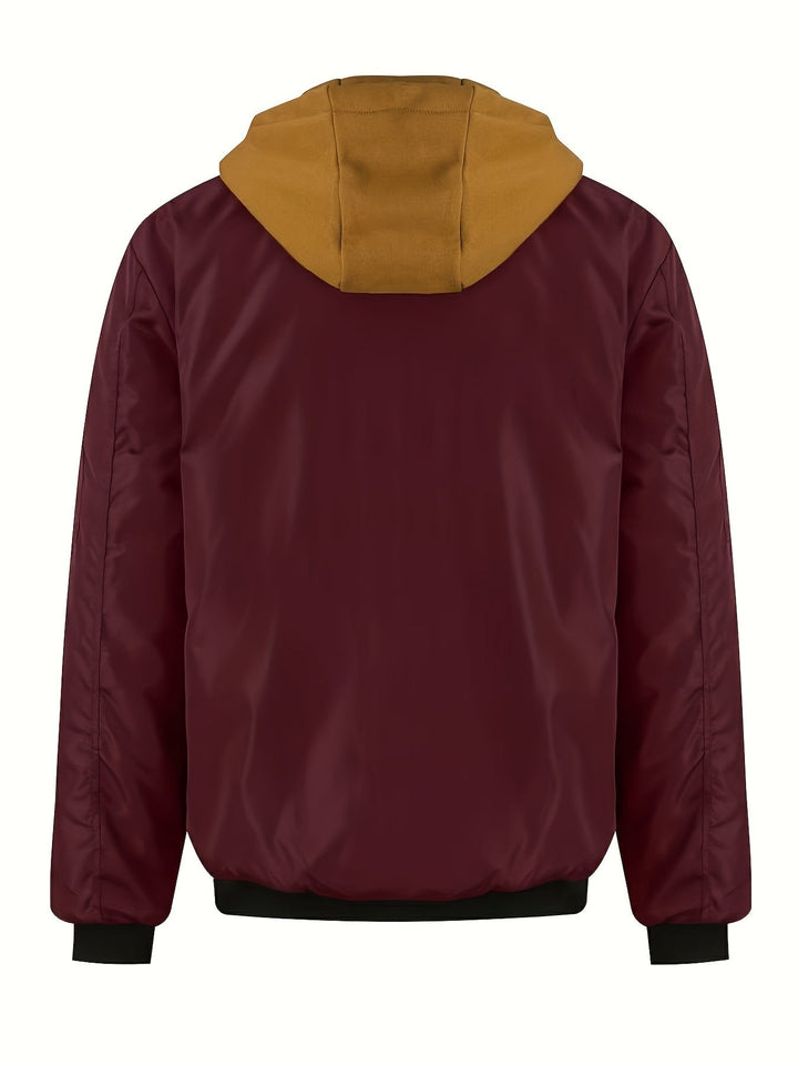 Emerson bomber jacket sleeve and hood detail in burgundy