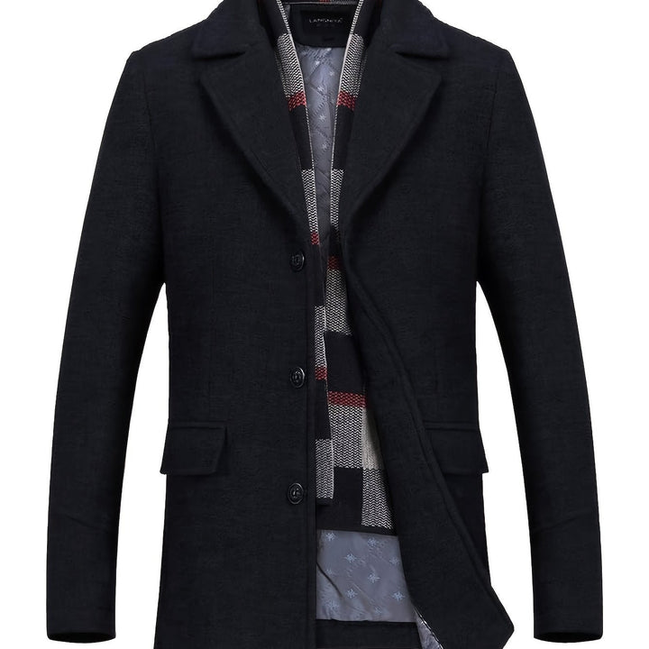 Emerson tailored single-breasted overcoat with detachable plaid scarf, front view