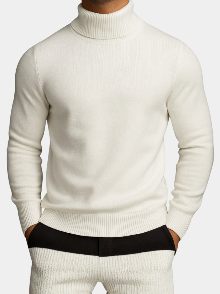 Emiliano ivory turtleneck sweater with ribbed collar, front view close-up