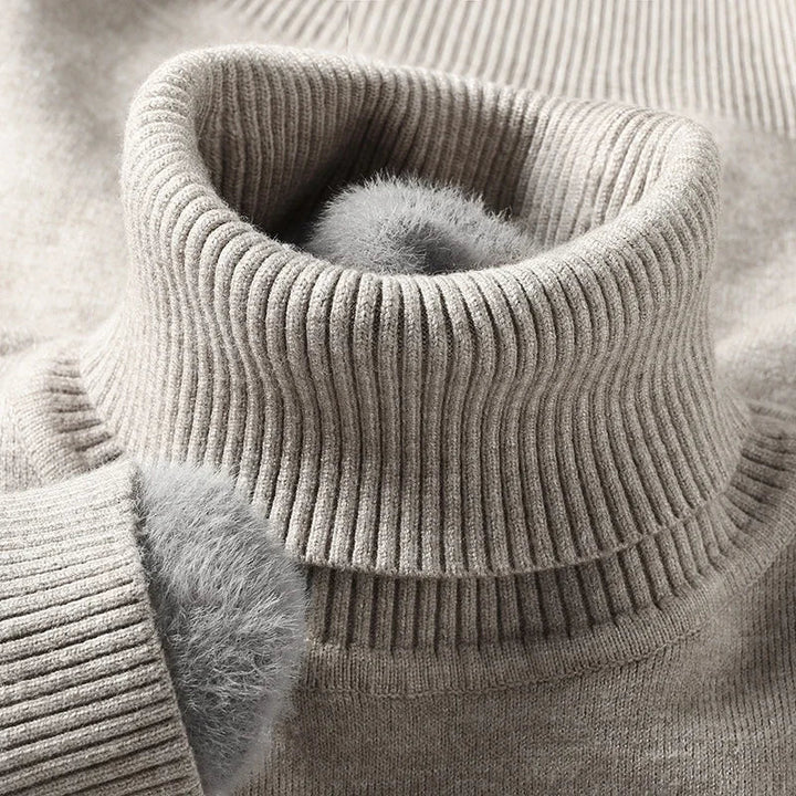 Emiliano heather grey turtleneck sweater ribbed collar close-up