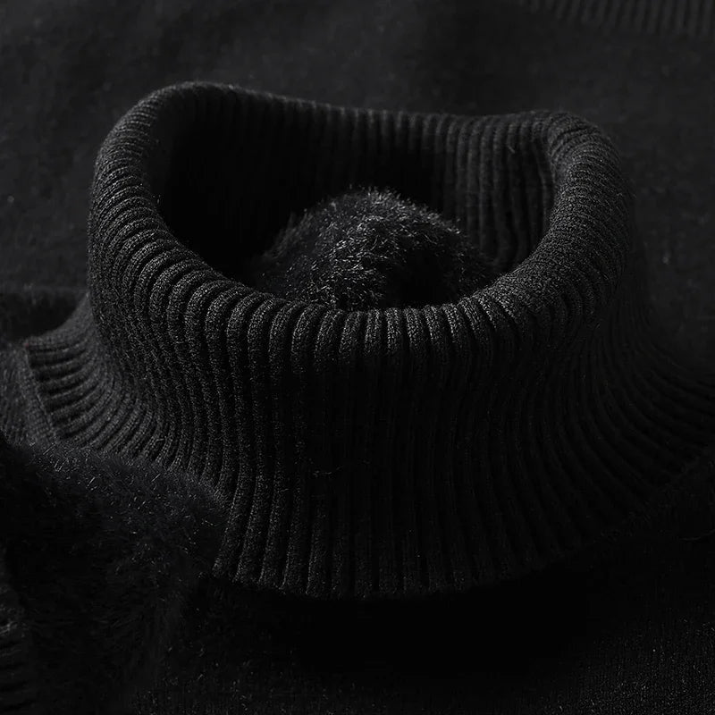 Emiliano black turtleneck sweater ribbed collar close-up detail