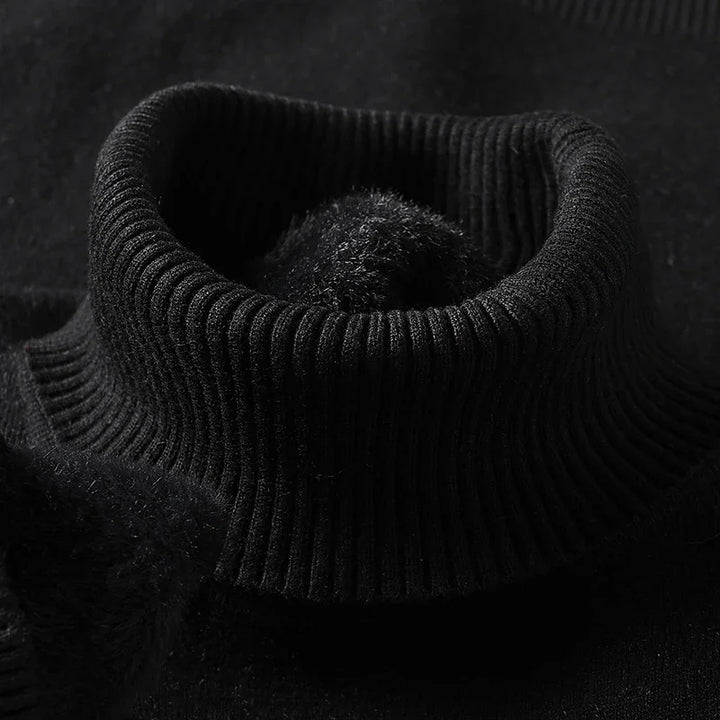 Emiliano black turtleneck sweater ribbed collar close-up detail