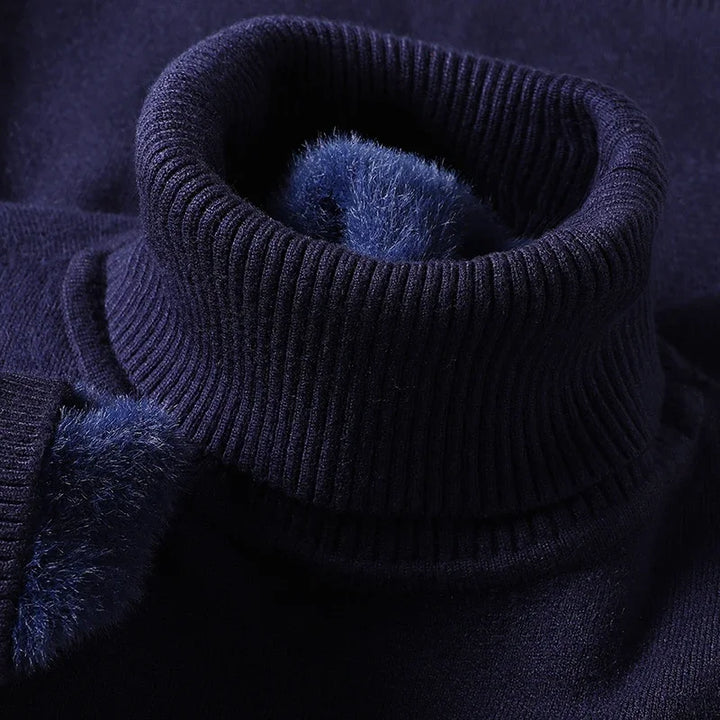 Emiliano navy turtleneck sweater ribbed collar close-up detail