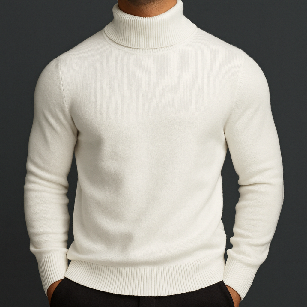 Emiliano ivory turtleneck sweater, front view on model