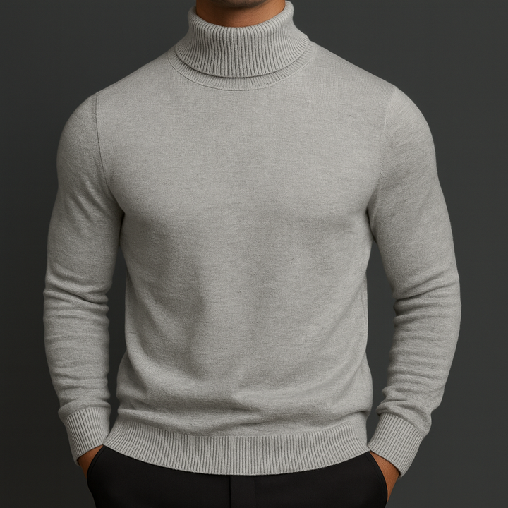 Emiliano heather grey turtleneck sweater, front view on model
