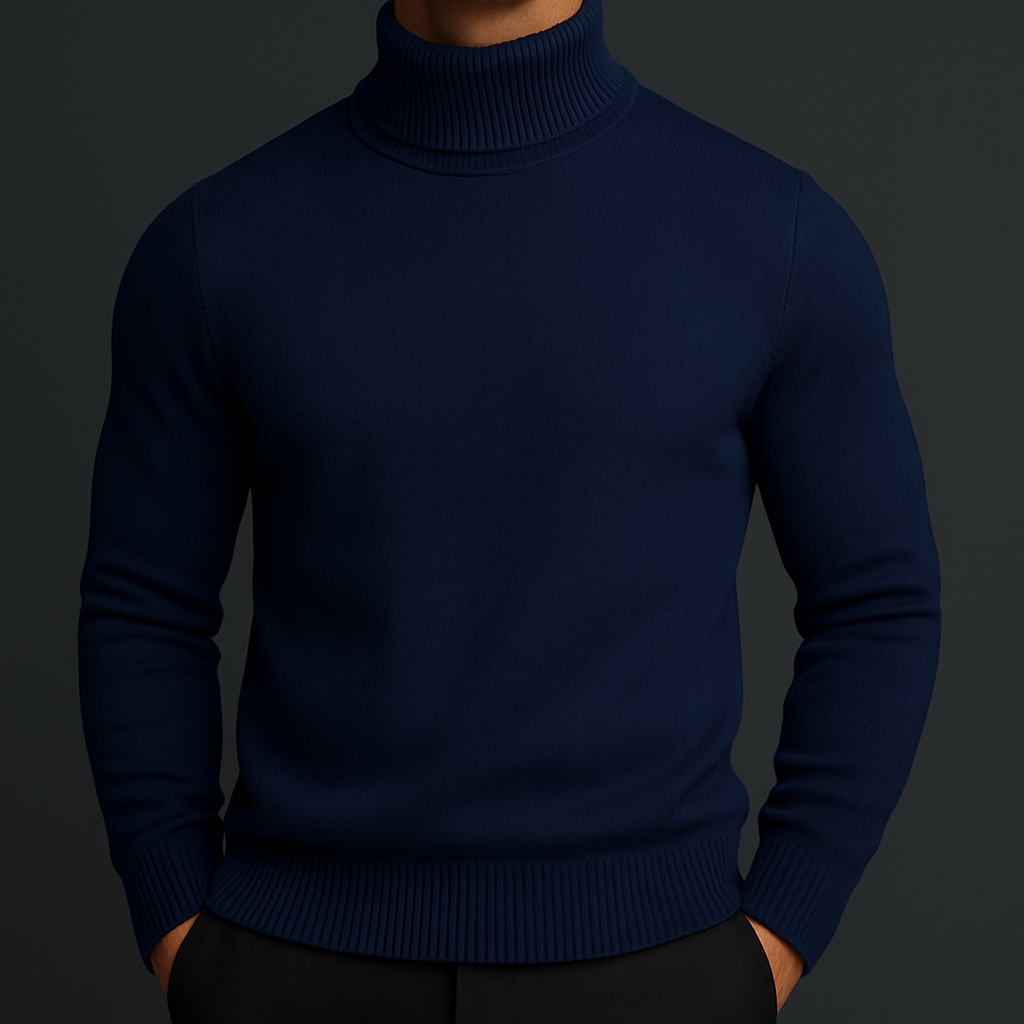 Emiliano navy turtleneck sweater, front view on model