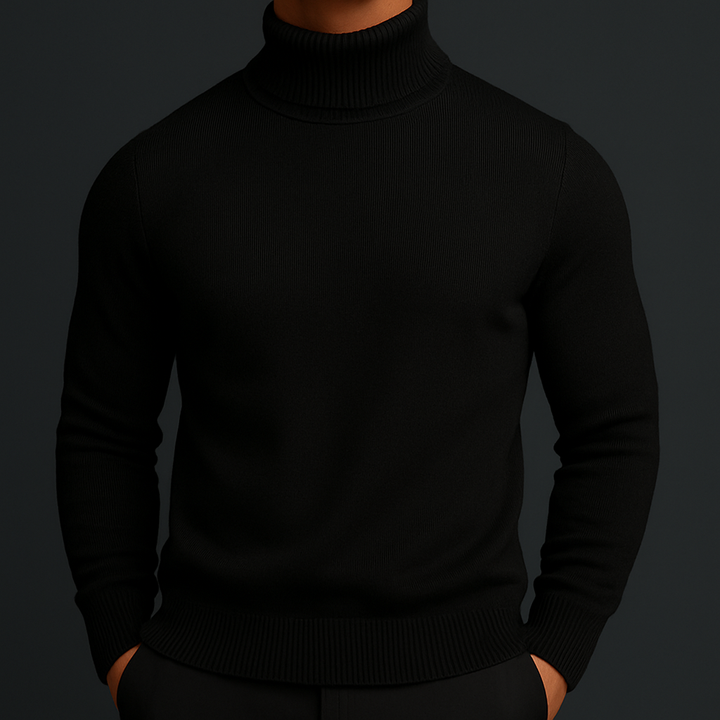 Emiliano black turtleneck sweater, front view on model