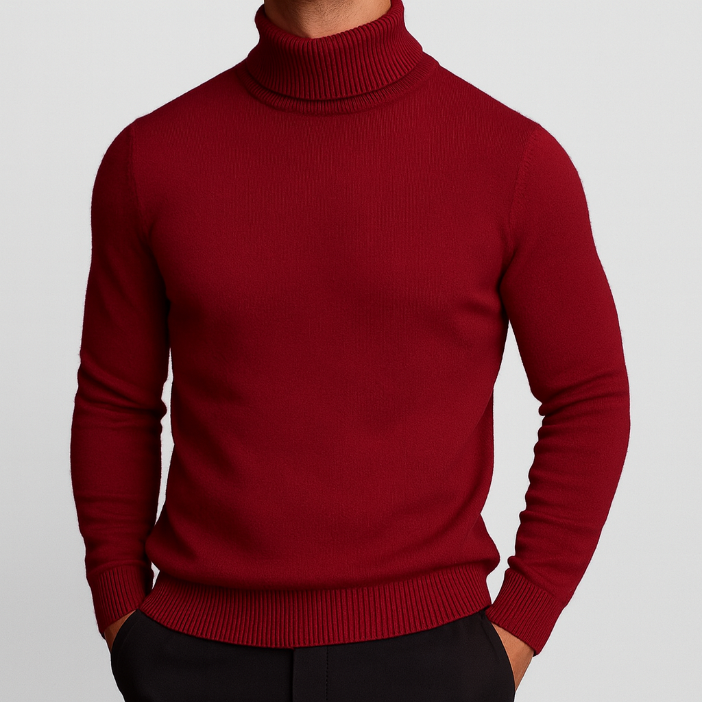 Emiliano burgundy turtleneck sweater, front view on model